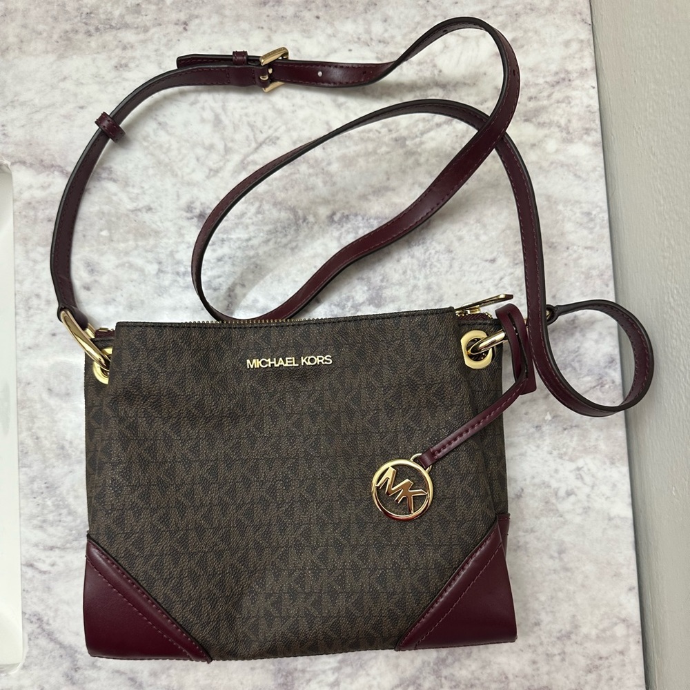 Michael Kors Nicole Triple Compartment Crossbody Bag Brown and Merlot